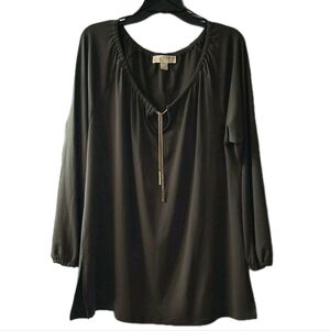 MICHAEL KORS L Green Olive Tunic Blouse Gold Chain Necklace Detail Long Sleeve